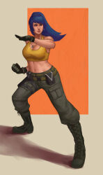  1girl blue_eyes blue_hair boots breasts curvy earrings female_focus funeralwind gloves huge_breasts jewelry large_breasts leather leona_heidern long_hair military pale_skin pants ponytail shirt shoes standing tank_top the_king_of_fighters thick_lips thick_thighs thighs tight_clothes tight_shirt wide_hips 