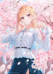  1girl belt between_fingers black_belt blonde_hair blue_hair blue_skirt blurry blush breasts buttons cherry_blossoms closed_mouth collared_shirt cowboy_shot cross-laced_clothes dappled_sunlight depth_of_field dress_shirt earrings falling_petals film_grain fingernails flower flower_earrings frilled_shirt frills gradient_hair hand_in_own_hair hand_on_own_chin hands_up highres holding holding_flower jewelry lens_flare long_hair long_sleeves looking_at_viewer multicolored_hair na_kyo nail_polish neck_ribbon original petals pink_eyes pink_nails pink_petals pleated_skirt ribbon shirt single_earring skirt small_breasts smile solo standing sunlight twirling_hair unbuttoned_sleeves v-neck very_long_hair white_ribbon white_shirt wind wing_collar 