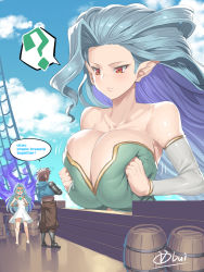 1boy 2girls ? artist_name big_hair blue_hair breasts_squeezed_together breasts cleavage cloud collarbone commentary day detached_sleeves english_text engrish_text giant giantess gran_(granblue_fantasy) granblue_fantasy highres huge_breasts jitome long_hair looking_at_viewer looking_down lyria_(granblue_fantasy) multiple_girls obui pointy_ears ranguage red_eyes shaded_face signature sky solo_focus spoken_question_mark surprised tiamat_(granblue_fantasy) white_sleeves rating:Sensitive score:131 user:danbooru