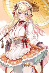  1girl alternate_costume alternate_hairstyle apron blonde_hair blush derk_maxx frills gradient_hair hair_intakes hair_ornament hairclip highres hololive horns long_hair looking_at_viewer multicolored_hair nail_polish oil-paper_umbrella open_mouth pantyhose pink_hair sheep_girl sheep_horns skirt skirt_tug smile solo thigh_strap tsunomaki_watame twintails umbrella virtual_youtuber 