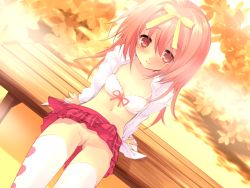  00s 1girl akihime_sumomo arm_support bench blush bow bow_bra bra clothes_lift collarbone flat_chest game_cg hair_ribbon itou_noiji loli long_hair long_sleeves looking_at_viewer midriff nanatsuiro_drops navel no_panties open_clothes open_shirt pink_bow pink_eyes pink_hair plaid_clothes plaid_skirt pussy red_skirt ribbon school_uniform shirt sitting skirt skirt_lift thighhighs underwear white_shirt white_thighhighs yellow_ribbon 