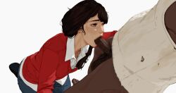 1boy 1girl animated avatar_legends blue_pants bottomless bouncing_hair brown_hair censored collared_shirt dark-skinned_female dark-skinned_male dark_skin diathorn dirty dirty_clothes dutch_angle eyelashes fellatio from_above half-closed_eyes head_out_of_frame hetero highres irrumatio long_hair messy_hair mosaic_censoring nose oral pants realistic red_sweater seiza shirt simple_background sitting sweat sweater tank_top testicles the_legend_of_korra torogao ugoira video white_background white_shirt white_tank_top  rating:Explicit score:225 user:fav-gotes