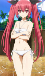 1girl absurdres bikini bra breasts closed_mouth crossed_arms date_a_live highres itsuka_kotori long_hair looking_afar mouth_hold navel red_eyes red_hair ribbon sky small_breasts solo standing stitched swimsuit thighs third-party_edit tree twintails underwear white_bikini rating:Sensitive score:27 user:spk