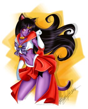  animal_ears bell black_hair breasts cat_ears cat_girl cat_tail choker circlet cleavage colored_skin crop_top emilia89 gloves hino_rei jingle_bell midriff navel paw_pose pleated_skirt purple_skin red_choker red_eyes red_sailor_collar red_skirt sailor_collar sailor_mars skirt smile star_(symbol) tail whiskers white_gloves 