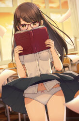  1girl blurry blurry_background blush book bow bow_panties breast_pocket brown_hair chair classroom clothes_lift cloud commentary_request covered_mouth cowboy_shot crotch_seam curtains depth_of_field desk dutch_angle embarrassed evening flying_paper glasses grey_skirt hair_ornament hairclip hands_up highres holding holding_book indoors lakuha_(dwtk2424) long_hair looking_at_viewer navel open_book orange_eyes orange_sky original panties pantyshot paper parallel_hairclips parted_bangs pleated_skirt pocket raised_inner_eyebrows red-framed_eyewear school_chair school_desk school_uniform shirt shirt_tucked_in short_sleeves skirt skirt_lift sky solo standing straight-on straight_hair swept_bangs underwear warm_colored white_panties white_shirt wind wind_lift window 