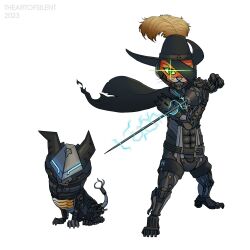 1boy armor black_armor black_cape black_hat bladewolf bladewolf_(cosplay) blindfold cape cat_boy cavalier_hat cosplay cyborg dog electricity foil_(fencing) full_body furry furry_male green_eyes hat highres holding holding_sword holding_weapon looking_at_viewer male_focus metal_gear_(series) metal_gear_rising:_revengeance perrito_(puss_in_boots) plume puss_in_boots:_the_last_wish puss_in_boots_(shrek) raiden_(metal_gear) raiden_(metal_gear)_(cosplay) shrek_(series) simple_background solo standing sword theartofsilent torn_cape torn_clothes weapon white_background