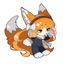  1girl 3nu13nu1 alternate_costume animal_ears animal_hands black_pants black_shirt bow brown_hairband cat_ears cat_girl cat_tail deformed freckles full_body furrification furry furry_female hair_bow hairband highres ishmael_(project_moon) limbus_company long_hair long_sleeves looking_at_viewer orange_fur orange_hair pants pawpads project_moon sailor_collar shirt simple_background solo standing tail tongue tongue_out very_long_hair white_background white_bow white_fur white_sailor_collar yellow_eyes 
