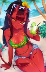 1girl bikini blush brazil colored_skin cup day demon_girl demon_tail eyewear_on_head glass highres holding holding_cup meruccubus_(merunyaa) merunyaa mole navel open_clothes open_shorts original outdoors palm_tree pointy_ears ponytail red_skin shorts sitting skindentation smile solo sunglasses swimsuit tail tree 