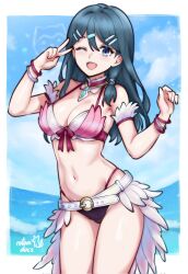  1girl adapted_costume armband artist_name belt belt_buckle bikini blue_eyes blue_hair breasts buckle cleavage cloud cloudy_sky commentary contrapposto detached_collar english_commentary feather_skirt feet_out_of_frame fire_emblem hair_between_eyes halterneck happy highleg highleg_bikini highres large_breasts layered_bikini letterboxed long_hair multiple_hair_clips narrow_waist navel nintendo ocean one_eye_closed open_mouth oribe_tsubasa pink_ribbon ribbon rotomdocs showgirl_skirt sky solo sommie_(fire_emblem) swimsuit tokyo_mirage_sessions_fe v very_long_hair white_belt wristband 