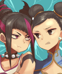  2girls black_hair blue_background capcom chun-li collar commentary_request double_bun eushima_(sgr) eye_contact glaring hair_bun hair_horns han_juri highres looking_at_another multiple_girls pink_eyes pink_hair pout sidelocks spiked_collar spikes street_fighter street_fighter_6 v-shaped_eyebrows 