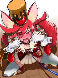 10s 1girl :o animal_ears bike_shorts blush bow brown_background brown_cape brown_hat cape collar cure_chocolat dog_ears dog_tail extra_ears female_focus full_body gloves gradient_background hat heart heart-shaped_pupils highres kenjou_akira kirakira_precure_a_la_mode leash looking_at_viewer magical_girl misonou_hirokichi motion_lines open_mouth paw_pose precure red_bow red_eyes red_hair red_shoes see-through_clothes shoes short_hair shorts shorts_under_skirt skirt solo spread_legs squatting sweat swept_bangs symbol-shaped_pupils tail thighhighs tongue top_hat white_background white_gloves white_skirt white_thighhighs rating:Questionable score:17 user:danbooru