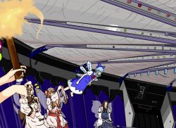  amusement_ride artist_request blonde_hair blue_dress blue_hair bow brown_hair centrifugal_force character_request cirno dress hair_bow multiple_girls parody rotor_(ride) source_request standing tagme toes  rating:Sensitive score:4 user:usernam