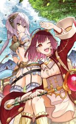  2girls atelier_(series) atelier_firis brown_eyes coat collared_coat dress green_eyes headscarf highres jewelry multiple_girls necklace plachta red_coat red_hair short_hair sitting smile sophie_neuenmuller staff underbust white_hair wide_sleeves yurai0739 