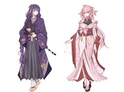  2girls absurdres alternate_costume alternate_hairstyle animal_ear_piercing animal_ears blunt_bangs braid cherry_blossoms chinese_commentary closed_mouth commission couple eyeliner falling_petals fox_ears fox_girl friends full_body genshin_impact hair_between_eyes hair_ornament head_tilt highres japanese_clothes kimono light_smile long_braid long_hair long_sleeves looking_at_viewer looking_to_the_side makeup mitsudomoe_(shape) mole mole_under_eye multiple_girls neck_ribbon off_shoulder petals pink_kimono pink_petals pink_ribbon purple_eyes purple_hair purple_kimono purple_ribbon raiden_shogun red_eyeliner red_sash ribbon sash second-party_source simple_background single_braid siyanghuasanke sleeveless socks standing toes tomoe_(symbol) white_background white_socks wide_sleeves yae_miko yuri 