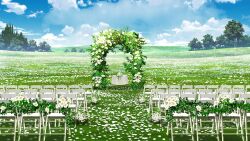  blue_sky chair cloud cloudy_sky day flower forest garland_(decoration) grass haze highres hill meadow mountainous_horizon nature no_humans non-web_source official_art our_life our_life:_beginnings_and_always outdoors podium poppy_(flower) scenery sky too_many_flowers tree variant_set wedding_arch wooden_chair 