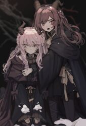  1girl 1other akiyama_mizuki ascot black_background black_horns black_mouth black_pantyhose black_shirt black_skirt boku_no_ashiato_kimi_no_yukusaki_(project_sekai) bow braid brown_bow brown_capelet brown_eyes brown_hair capelet closed_mouth eyes_visible_through_hair feet_out_of_frame frilled_sleeves frills hair_between_eyes hand_on_another&#039;s_shoulder hands_on_own_knees hashtag-only_commentary heart highres horns kneeling long_sleeves lower_teeth_only luwwakk no_pupils official_alternate_costume official_alternate_hair_length official_alternate_hairstyle open_mouth pantyhose pink_eyes pink_hair pleated_skirt project_sekai seiza shinonome_ena shirt sidelocks simple_background sitting skirt sleeve_bow swept_bangs teeth v-shaped_eyebrows wavy_hair white_ascot wide_sleeves 