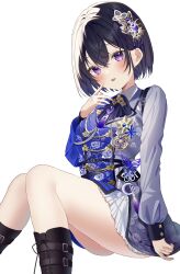 1girl :p ascot ass black_ascot black_boots black_hair blue_dress blush boots bug butterfly butterfly_hair_ornament diamond-shaped_pupils diamond_(shape) dress finger_to_cheek grey_dress hair_ornament highres ichinose_uruha ichinose_uruha_(5th_costume) insect invisible_chair long_sleeves looking_at_viewer military_uniform miniskirt official_alternate_costume pome_charo purple_eyes short_dress short_hair simple_background sitting skirt solo symbol-shaped_pupils thighs tongue tongue_out virtual_youtuber vspo! white_background white_skirt rating:Sensitive score:3 user:danbooru