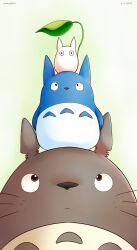  black_eyes chibi_totoro chuu_totoro commentary dated english_commentary highres holding holding_leaf leaf looking_up no_humans signature simple_background stacking tonari_no_totoro totoro vermeilbird white_background 