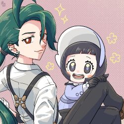  2girls :d black_eyes black_gloves black_hair black_pants closed_mouth eyelashes gloves green_hair long_hair long_sleeves looking_at_viewer maaruutaa0 multiple_girls nintendo open_mouth pants pokemon pokemon_sv poppy_(pokemon) red_eyes rika_(pokemon) shirt short_hair smile teeth 