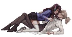 2girls age_difference ankle_boots arm_at_side arm_support bad_id bad_twitter_id black_skirt blazer blonde_hair blue_eyes boots brown_eyes brown_footwear brown_hair brown_pants brown_shirt collared_shirt d.va_(overwatch) dress_shirt face-to-face facepaint facial_mark hair_ornament hair_tie headphones holding holding_shirt holding_unworn_clothes jacket lab_coat long_hair looking_at_another mercy_(overwatch) mo_(artist) mo_(ine_mao) multiple_girls on_floor open_mouth overwatch overwatch_1 pants pleated_skirt ponytail purple_jacket school_uniform shirt shoes short_hair simple_background skirt thighhighs unworn_shirt whisker_markings white_background white_legwear white_shirt yuri rating:Sensitive score:58 user:danbooru