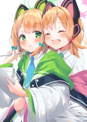  2girls ^_^ absurdres animal_ear_headphones animal_ears blonde_hair blue_archive blue_necktie blush bow buttons cat_ear_headphones cat_ears closed_eyes collared_shirt commentary drawing_tablet fake_animal_ears green_bow green_eyes green_halo green_jacket hair_bow halo hand_up happy headphones highres holding holding_drawing_tablet holding_stylus hood hood_down hooded_jacket hug hug_from_behind jacket long_sleeves looking_at_another looking_back low-tied_sidelocks matcha_(user_yyss8744) medium_hair midori_(blue_archive) momoi_(blue_archive) multicolored_jacket multiple_girls necktie off_shoulder open_clothes open_jacket open_mouth parted_bangs parted_lips pink_halo pink_jacket red_bow shirt siblings sidelocks simple_background sisters smile stylus teeth twins unbuttoned upper_body upper_teeth_only white_background white_jacket white_shirt wide_sleeves 
