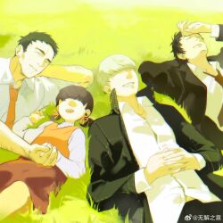  1girl 3boys absurdres adachi_tooru black_hair black_jacket closed_eyes collared_shirt day doujima_nanako doujima_ryoutarou dress family grass grin highres jacket long_sleeves lying multiple_boys narukami_yu necktie on_back outdoors persona persona_4 red_necktie ribbed_shirt shirt short_hair short_twintails smile sparse_stubble twintails white_shirt wujiezhiyi yellow_dress 