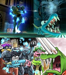  @_@ armor blue_skin bulging_eyes colored_skin crocodilian crown dark_samus donkey_kong_(series) donkey_kong_country fangs furry furry_male game_screenshot_inset green_skin holding holding_crown kicdon king_k._rool klaptrap kremling kritter metroid metroid_prime_3:_corruption nintendo parasite_queen power_armor super_smash_bros. surprised 