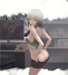 1girl ass black_shorts blurry blurry_background blush breasts butt_crack commentary croque_(neural_cloud) dressing feet_out_of_frame from_side girls&#039;_frontline girls&#039;_frontline_neural_cloud grey_hair hair_ornament hairpin kneeling looking_at_viewer medium_breasts monitor open_mouth shirt short_hair shorts sideboob solo thatob yellow_eyes rating:Sensitive score:38 user:danbooru