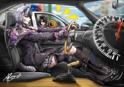  2girls black_boots black_choker black_coat black_dress black_hair black_nails black_thighhighs blue_eyes boots breasts brown_hair car car_interior choker cleavage closed_mouth coat commentary commission dress driving english_commentary fur-trimmed_coat fur_trim grey_hair hat highres hololive hololive_english hololive_grand_theft_auto jewelry large_breasts long_hair megaphone motor_vehicle multicolored_hair multiple_girls notice_lines oozora_subaru police police_car police_hat police_uniform policewoman ribbon ring shiori_novella shiori_novella_(1st_costume) single_thighhigh split-color_hair striped_clothes striped_thighhighs thighhighs tosaworks two-tone_hair virtual_youtuber white_ribbon yellow_eyes yorick_(shiori_novella) 