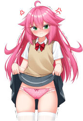  1girl ahoge angry bow closed_mouth clothes_lift collared_shirt glaring green_hair hair_between_eyes highres hoshino_reiji lifting_own_clothes long_hair original panties pink_hair pink_panties pleated_skirt polka_dot polka_dot_panties red_bow school_uniform shirt short_sleeves sidelocks simple_background skirt skirt_lift solo standing sweater_vest thighhighs thighs underwear white_background white_shirt white_thighhighs yellow_sweater_vest 