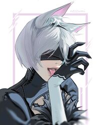  1girl 2b_(nier:automata) animal_ear_fluff animal_ears black_hairband blindfold border cat_ears clothing_cutout covered_eyes feather-trimmed_sleeves feather_trim hairband hand_up licking licking_hand neozumi nier nier:automata nier_(series) outside_border pink_border portrait short_hair signature solo white_background white_hair 
