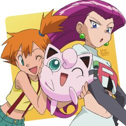  1girl 2girls ;d asymmetrical_hair blue_eyes breasts creature crop_top denim earrings english_text eyelashes gen_1_pokemon gloves green_eyes gym_leader hair_slicked_back hair_tie happy highres holding holding_creature holding_pokemon hug james_(pokemon) jessie_(pokemon) jewelry jigglypuff lipstick long_hair looking_at_viewer lukas_thadeu makeup medium_hair meowth microphone midriff misty_(pokemon) multiple_girls navel nintendo one_eye_closed open_mouth orange_hair pokemon pokemon_(anime) pokemon_(classic_anime) pokemon_(creature) ponytail purple_hair rachael_lillis red_lips shirt short_hair shorts side_ponytail skirt sleeveless smile suspenders tank_top team_rocket team_rocket_uniform tongue voice_actor_connection white_skirt wink yellow_shirt yellow_tank_top  rating:General score:23 user:Kasu86