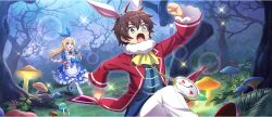  1boy 1girl alice_(alice_in_wonderland) alice_(alice_in_wonderland)_(cosplay) animal_ears ascot black_bow blonde_hair blue_bow blue_dress blue_eyes blue_hairband bow braid brown_hair chain chasing clenched_hands club_(shape) coat cosplay dress dutch_angle fern fleeing flying_sweatdrops forest game_cg gloves glowing_mushroom gold_chain green_eyes hairband heart highres iris_(konosuba) kono_subarashii_sekai_ni_shukufuku_wo! konosuba!_fantastic_days lens_flare long_hair mary_janes monocle mushroom nature official_art open_mouth outdoors outstretched_arm pants pantyhose puffy_short_sleeves puffy_sleeves rabbit_ears red_bow red_coat running satou_kazuma shoes short_sleeves sparkle third-party_source watch white_gloves white_pants white_pantyhose white_rabbit_(alice_in_wonderland) white_rabbit_(alice_in_wonderland)_(cosplay) yellow_ascot 