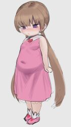  1girl belly blush breasts brooch covered_navel dress female_focus full_body heart heart_brooch highres jewelry light_brown_hair loli long_hair navel oruka_(kamituki0827) pink_dress plump pout purple_eyes slit_pupils small_breasts solo standing sweatdrop tsukuyomi_ai twintails voiceroid  rating:Sensitive score:64 user:largesoda999