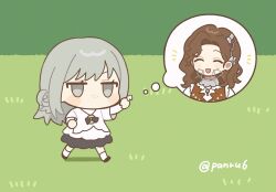  1girl aged_down black_bow black_bowtie bow bowtie chibi dress freckles full_body grass grey_eyes grey_hair hair_bun holding_tooth imagining layered_sleeves long_sleeves medium_hair panri reverse:1999 short_over_long_sleeves short_sleeves single_side_bun socks speech_bubble thought_bubble tooth_fairy_(reverse:1999) traditional_bowtie twitter_username vertin_(reverse:1999) walking white_dress white_socks 