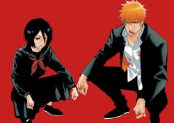  1boy 1girl banchou black_eyes black_hair black_serafuku bleach blood blood_on_clothes blood_on_face blood_on_hands commentary delinquent gakuran highres jitome kuchiki_rukia kurosaki_ichigo long_skirt neckerchief open_mouth orange_hair red_neckerchief school_uniform serafuku shirt short_hair skirt squatting sushisalmon95 untucked_shirt 