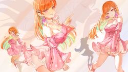  1girl absurdres breasts cherry_blossom_print choker cleavage collarbone dancing detached_sleeves dress earrings feather_earrings feathers floral_print framed_breasts green_hair hair_ornament hairclip happyongdal highres hololive hololive_english jewelry large_breasts layered_dress long_hair long_sleeves looking_at_viewer multicolored_hair multiple_views off_shoulder official_alternate_costume official_alternate_hairstyle orange_hair perfume_(takanashi_kiara) pink_dress pink_eyes pink_lips pink_sleeves pointing ribbon_choker shorts shorts_under_dress silhouette sleeve_garter sleeveless sleeveless_dress smile solo strapless strapless_dress takanashi_kiara takanashi_kiara_(perfume) three_quarter_view two-tone_hair virtual_youtuber white_shorts wide_sleeves 