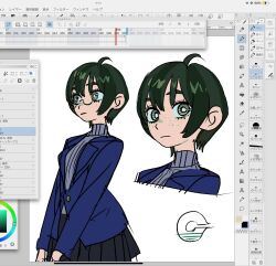  1girl ahoge barcode black_hair calendar_(medium) character_profile chinese_text english_text fake_screenshot freckles glasses green_eyes green_hair highres id_card jacket komugiko_2000 looking_at_viewer original reference_sheet ribbed_sweater shindan_maker short_hair skirt solo stats sweater text_focus unfinished 