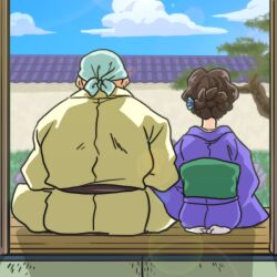  1boy 1girl blue_sky brown_hair cloud cloudy_sky grass japanese_clothes kimono purple_kimono ranma_1/2 saotome_genma saotome_nodoka shadow sky socks tree wanta_(futoshi) white_socks 