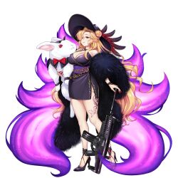  1girl alternate_costume alternate_hairstyle alternate_headwear arx-160 black_dress black_hat black_shoes blonde_hair breasts cleavage criss-cross_halter double_bun dress earrings fingernails fox_tail hair_bun halterneck hat hat_feather high_heels highres holding jewelry junko_(maternal_bullets_for_you) junko_(touhou) leg_tattoo long_fingernails long_hair multiple_tails oveersized_hat purple_tail red_eyes red_nails shoes short_dress sleeveless sleeveless_dress solo stuffed_animal stuffed_rabbit stuffed_toy tail tattoo very_long_hair 