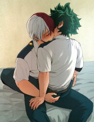  2boys back belt blush boku_no_hero_academia brown_belt burn_scar closed_eyes collared_shirt commentary green_hair green_shorts hand_on_another&#039;s_ass hand_on_another&#039;s_leg highres licking licking_another&#039;s_neck male_focus midoriya_izuku multicolored_hair multiple_boys red_hair scar scar_on_face school_uniform shirt shirt_tucked_in short_hair shorts sitting split-color_hair straddling todoroki_shoto two-tone_hair u.a._school_uniform upright_straddle white_hair yaoi zazaraza33 