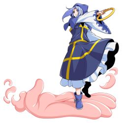  1girl blue_boots blue_dress blue_eyes blue_hair blue_hood boots buddhist_nun commentary_request dress eichi_yuu full_body holding holding_weapon hood hoop kesa kumoi_ichirin long_hair long_sleeves open_mouth simple_background solo touhou unzan weapon white_background wide_sleeves 