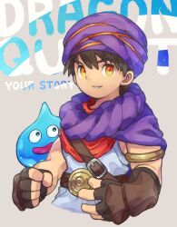  1boy belt brown_belt brown_gloves cape copyright_name dragon_quest dragon_quest:_your_story gloves grey_background hero_(dq5) highres looking_at_viewer male_focus orange_eyes parted_lips purple_cape purple_turban short_hair slime_(dragon_quest) tunic white_tunic yanedx 