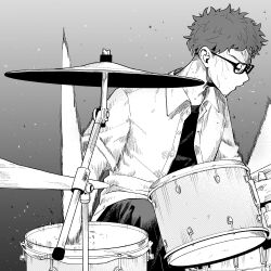  1boy absurdres closed_eyes collared_shirt commentary_request dress_shirt drum drum_set futsuu_no_keion-bu glasses gradient_background greyscale hatching_(texture) highres instrument linear_hatching male_focus mangakashibou monochrome open_clothes open_shirt pants playing_drum school_uniform screentones shirt short_hair short_sleeves sitting smear_frame solo spiked_hair sweat tohno_gen undershirt 
