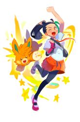  1girl =_(9_yawbus) arm_up black_bag black_hair black_pantyhose blush_stickers freckles full_body green_hair highres leg_up multicolored_hair naranja_academy_school_uniform necktie nemona_(pokemon) nintendo orange_eyes orange_necktie orange_shorts pantyhose pawmot pokemon pokemon_sv ponytail school_uniform shirt short_sleeves shorts star_(symbol) two-tone_hair white_shirt 