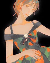  1girl bare_arms bare_shoulders black_background black_bow black_bowtie black_nails black_sleeves blue_eyes bow bowtie brooch brown_hair camouflage_dress collarbone cowboy_shot dress earrings eyelashes eyeshadow gem green_dress hand_on_own_stomach izone jewelry lipstick looking_at_viewer makeup miyawaki_sakura multicolored_nails nail_polish orange_eyeshadow oxi206 parted_lips pleated_skirt red_lips short_hair short_sleeves simple_background skirt sleeveless sleeveless_dress solo teeth thick_eyebrows white_gemstone white_nails 