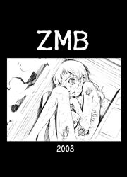  1girl commentary_request completely_nude greyscale guro hijiri_rei looking_at_viewer lying monochrome nude on_side original refrigerator rotting solo wide-eyed zombie 
