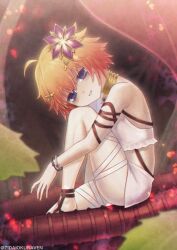  1girl ahoge arm_around_leg backless_dress backless_outfit bracelet dress duel_monster flower gold_necklace hair_ornament jewelry monster_girl necklace orange_hair plant_girl purple_eyes purple_flower short_hair solo traptrix_pudica twitter_username white_dress yu-gi-oh! zidai_okuraven 
