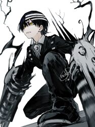  1boy arm_cannon black_hair black_jacket black_pants death_the_kid electricity full_body highres jacket male_focus multicolored_hair on_one_knee pants raddy_358 ringed_eyes short_hair signature simple_background solo soul_eater streaked_hair two-tone_hair weapon white_background white_hair yellow_eyes 