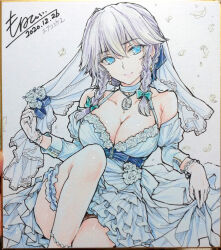  1girl alternate_costume blue_dress blue_eyes blue_flower blue_rose blue_veil bow braid breasts bridal_veil cleavage closed_mouth collarbone commentary_request dated dress dress_flower falling_petals flower frilled_dress frilled_thigh_strap frills gloves green_bow grey_hair hair_bow highres izayoi_sakuya large_breasts long_hair looking_at_viewer monety petals pocket_watch rose shikishi signature smile solo thigh_strap touhou traditional_media twin_braids veil watch wedding_dress white_gloves 